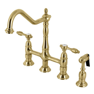Tudor KS1277TALBS Two-Handle 4-Hole Deck Mount Bridge Kitchen Faucet with Brass Sprayer, Brushed Brass