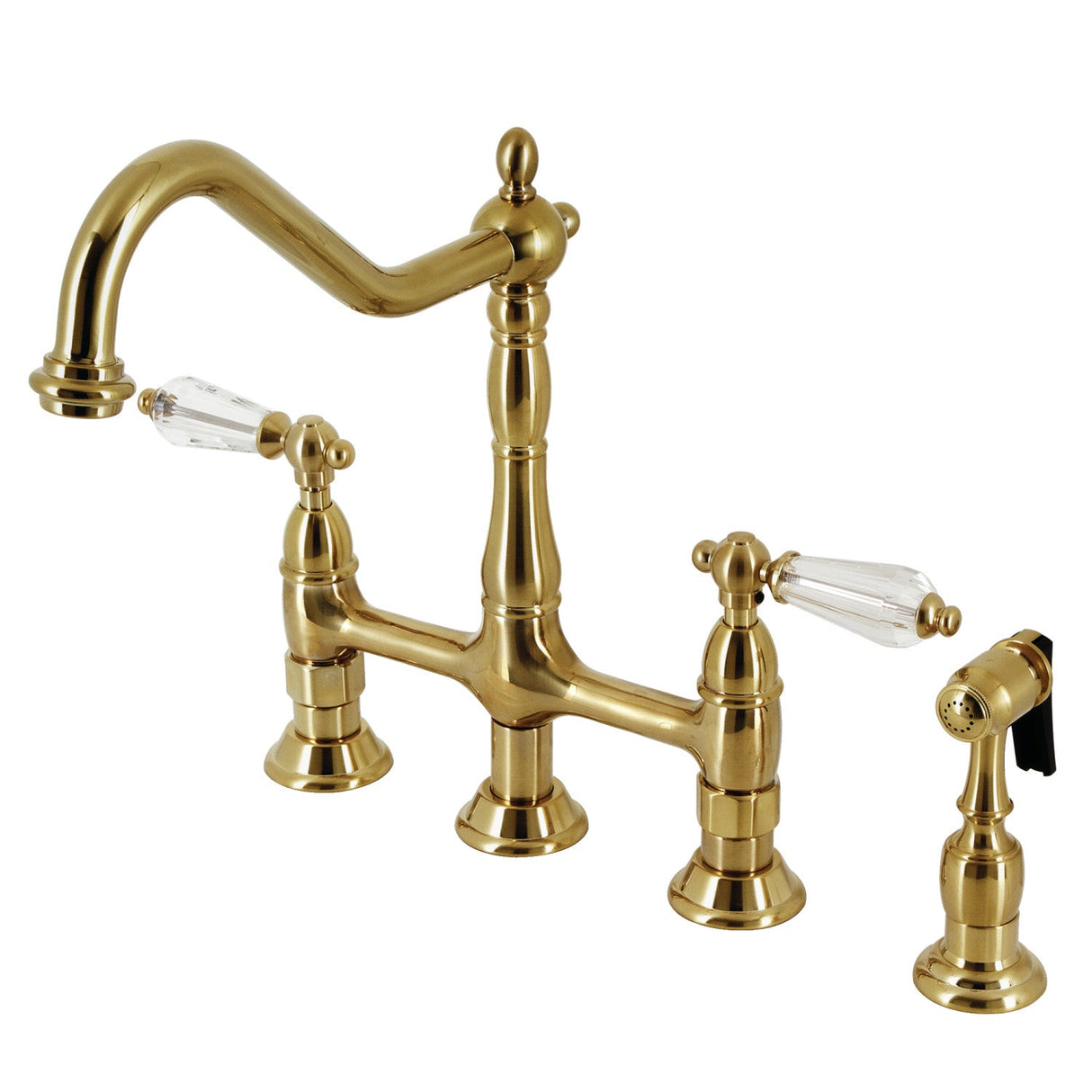 Wilshire KS1277WLLBS Two-Handle 4-Hole Deck Mount Bridge Kitchen Faucet with Brass Sprayer, Brushed Brass