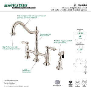 Heritage KS1278ALBS Two-Handle 4-Hole Deck Mount Bridge Kitchen Faucet with Brass Sprayer, Brushed Nickel