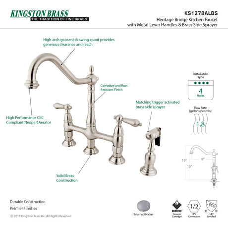 Heritage KS1278ALBS Two-Handle 4-Hole Deck Mount Bridge Kitchen Faucet with Brass Sprayer, Brushed Nickel