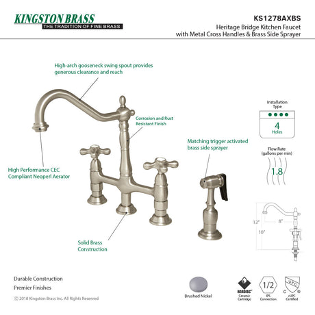 Heritage KS1278AXBS Two-Handle 4-Hole Deck Mount Bridge Kitchen Faucet with Brass Sprayer, Brushed Nickel