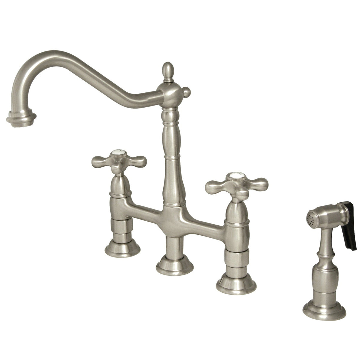 Heritage KS1278AXBS Two-Handle 4-Hole Deck Mount Bridge Kitchen Faucet with Brass Sprayer, Brushed Nickel