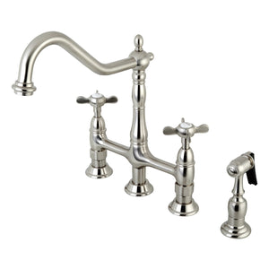 Essex KS1278BEXBS Two-Handle 4-Hole Deck Mount Bridge Kitchen Faucet with Brass Sprayer, Brushed Nickel