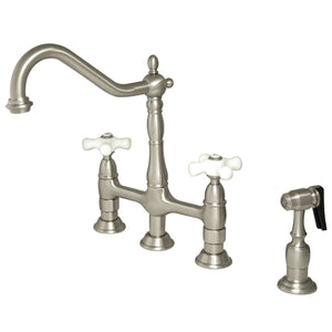Heritage KS1278PXBS Two-Handle 4-Hole Deck Mount Bridge Kitchen Faucet with Brass Sprayer, Brushed Nickel