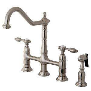 Tudor KS1278TALBS Two-Handle 4-Hole Deck Mount Bridge Kitchen Faucet with Brass Sprayer, Brushed Nickel