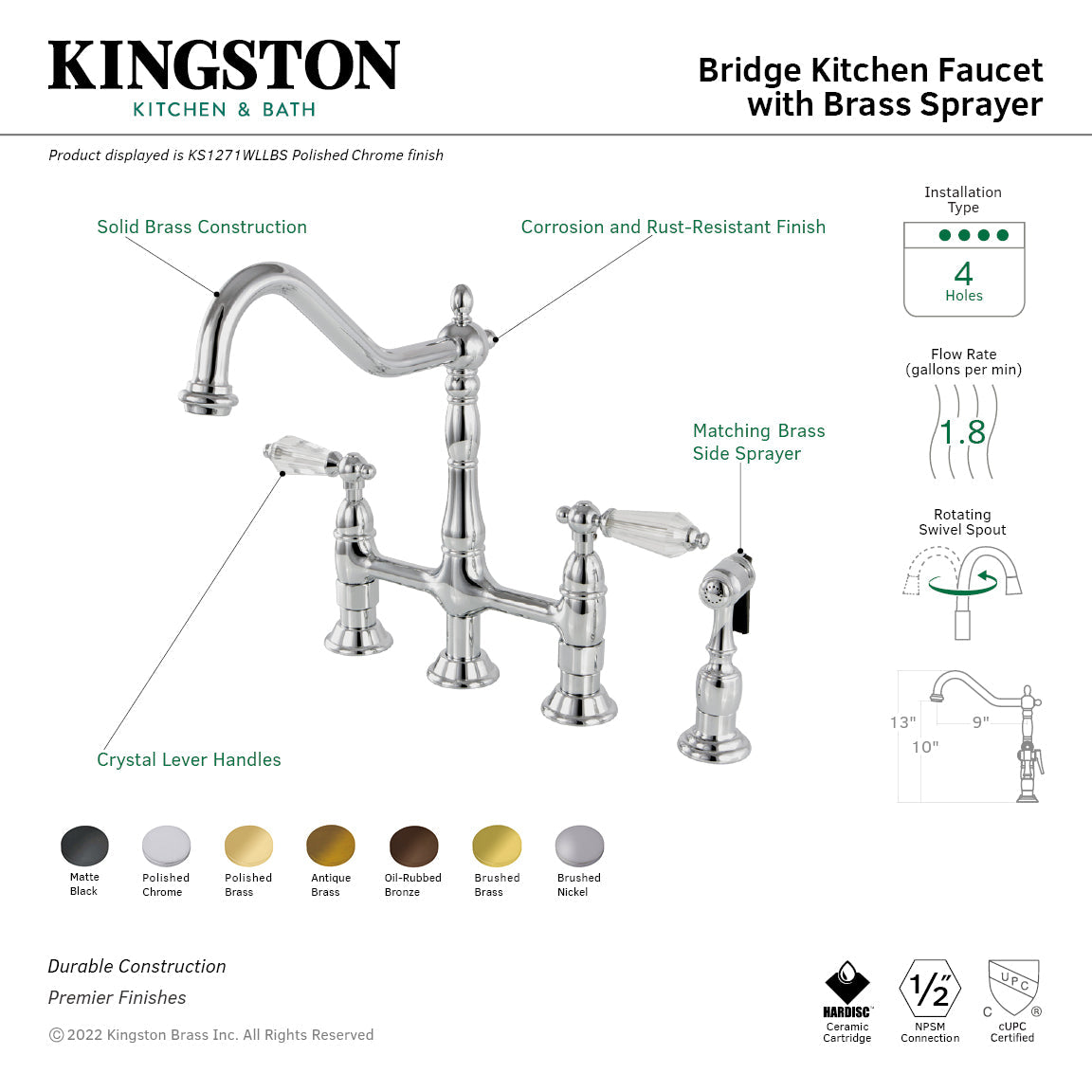 Wilshire KS1278WLLBS Two-Handle 4-Hole Deck Mount Bridge Kitchen Faucet with Brass Sprayer, Brushed Nickel