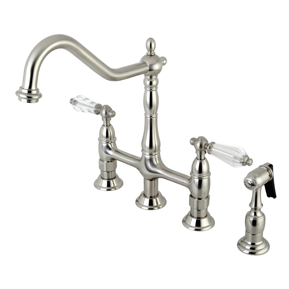Wilshire KS1278WLLBS Two-Handle 4-Hole Deck Mount Bridge Kitchen Faucet with Brass Sprayer, Brushed Nickel