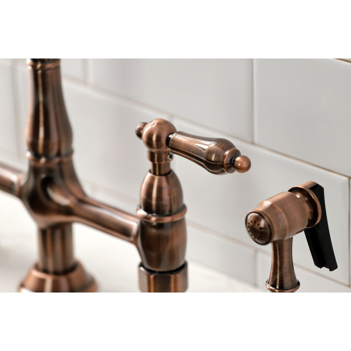 Heritage KS127ALBSAC Two-Handle 4-Hole Deck Mount Bridge Kitchen Faucet with Brass Sprayer, Antique Copper