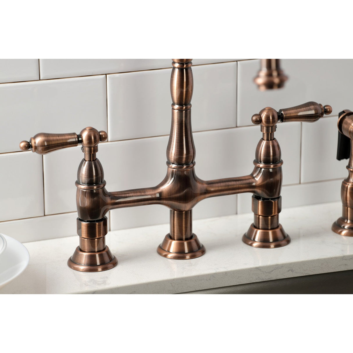 Heritage KS127ALBSAC Two-Handle 4-Hole Deck Mount Bridge Kitchen Faucet with Brass Sprayer, Antique Copper