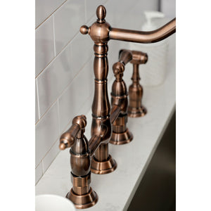 Heritage KS127ALBSAC Two-Handle 4-Hole Deck Mount Bridge Kitchen Faucet with Brass Sprayer, Antique Copper
