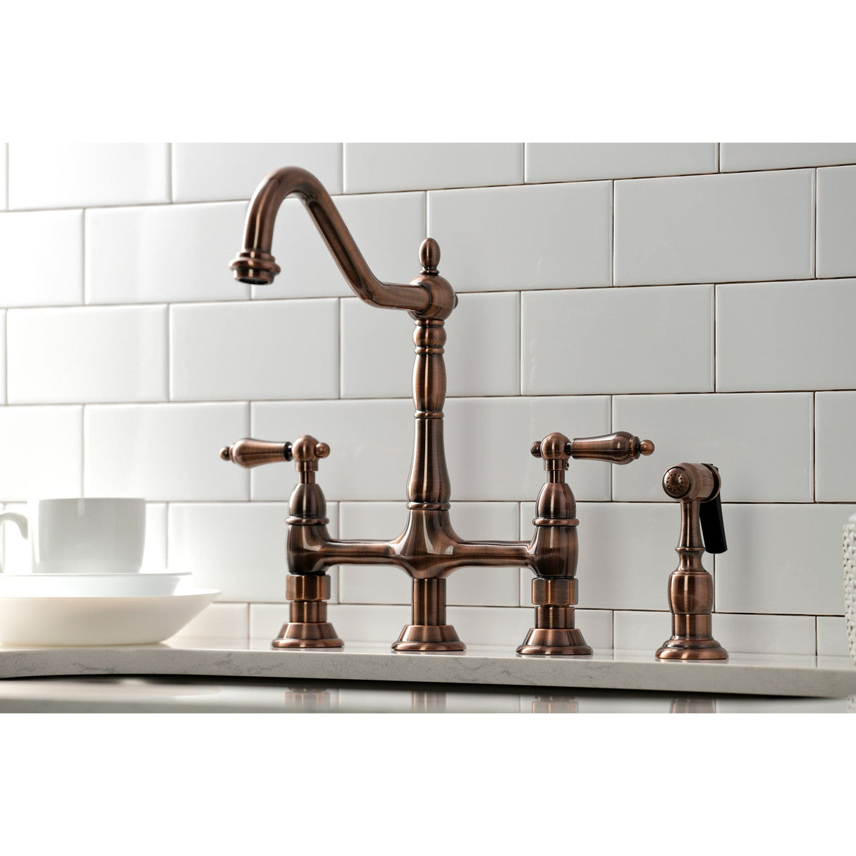 Heritage KS127ALBSAC Two-Handle 4-Hole Deck Mount Bridge Kitchen Faucet with Brass Sprayer, Antique Copper