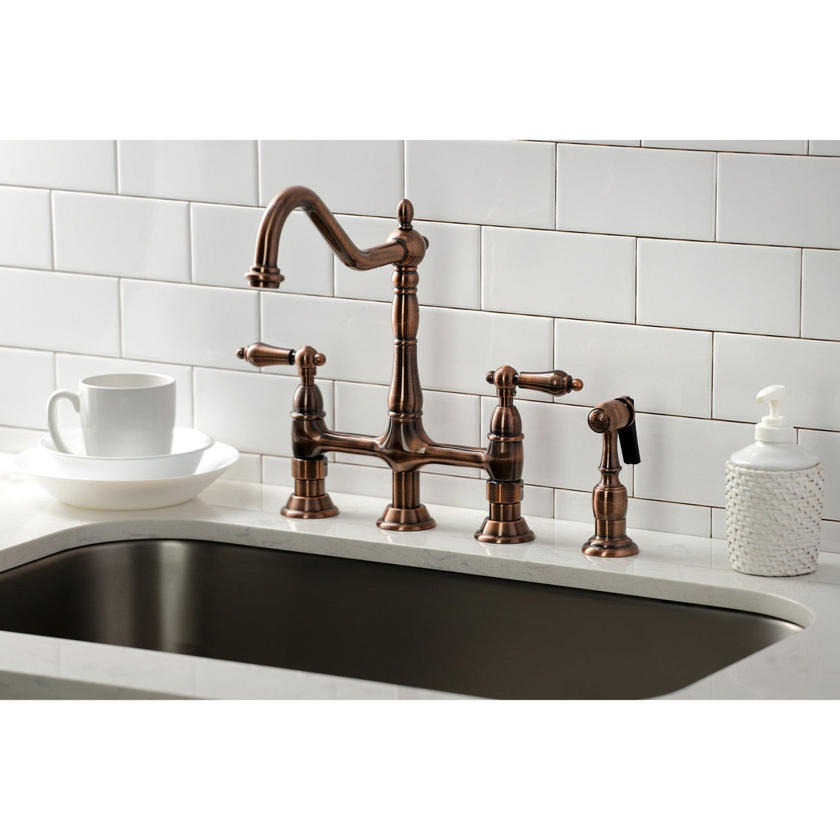 Heritage KS127ALBSAC Two-Handle 4-Hole Deck Mount Bridge Kitchen Faucet with Brass Sprayer, Antique Copper