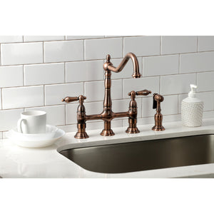 Heritage KS127ALBSAC Two-Handle 4-Hole Deck Mount Bridge Kitchen Faucet with Brass Sprayer, Antique Copper