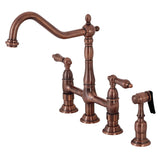 Heritage KS127ALBSAC Two-Handle 4-Hole Deck Mount Bridge Kitchen Faucet with Brass Sprayer, Antique Copper