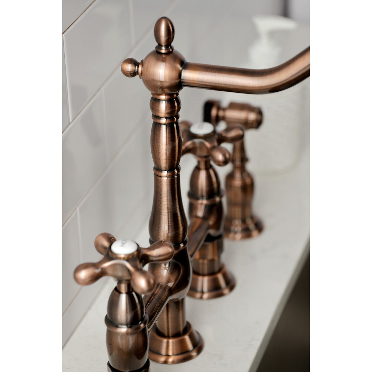 Heritage KS127AXBSAC Two-Handle 4-Hole Deck Mount Bridge Kitchen Faucet with Brass Sprayer, Antique Copper