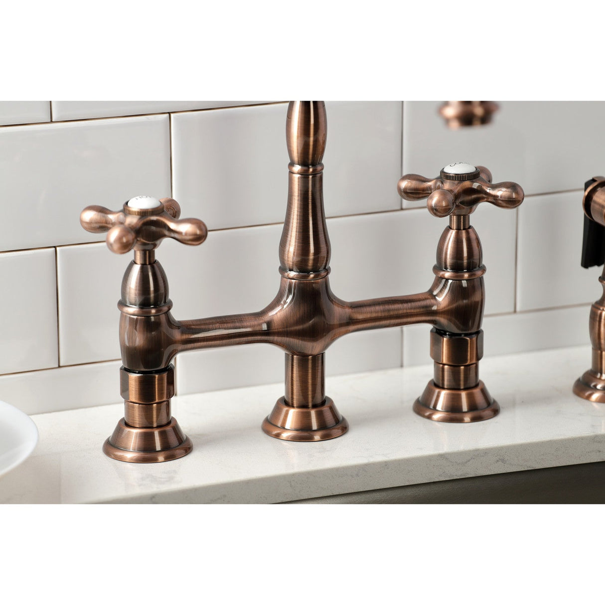 Heritage KS127AXBSAC Two-Handle 4-Hole Deck Mount Bridge Kitchen Faucet with Brass Sprayer, Antique Copper