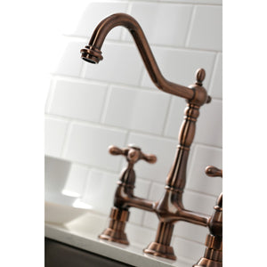 Heritage KS127AXBSAC Two-Handle 4-Hole Deck Mount Bridge Kitchen Faucet with Brass Sprayer, Antique Copper