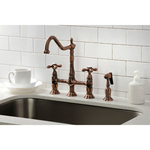 Heritage KS127AXBSAC Two-Handle 4-Hole Deck Mount Bridge Kitchen Faucet with Brass Sprayer, Antique Copper