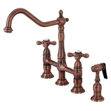 Heritage KS127AXBSAC Two-Handle 4-Hole Deck Mount Bridge Kitchen Faucet with Brass Sprayer, Antique Copper