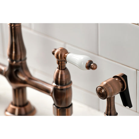 Heritage KS127PLBSAC Two-Handle 4-Hole Deck Mount Bridge Kitchen Faucet with Brass Sprayer, Antique Copper