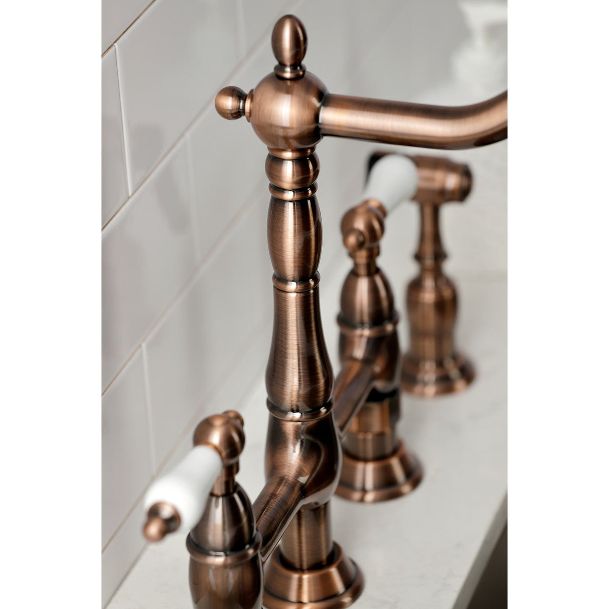 Heritage KS127PLBSAC Two-Handle 4-Hole Deck Mount Bridge Kitchen Faucet with Brass Sprayer, Antique Copper