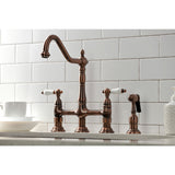 Heritage KS127PLBSAC Two-Handle 4-Hole Deck Mount Bridge Kitchen Faucet with Brass Sprayer, Antique Copper