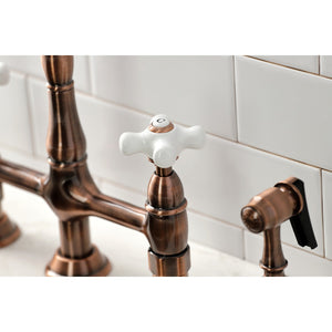 Heritage KS127PXBSAC Two-Handle 4-Hole Deck Mount Bridge Kitchen Faucet with Brass Sprayer, Antique Copper