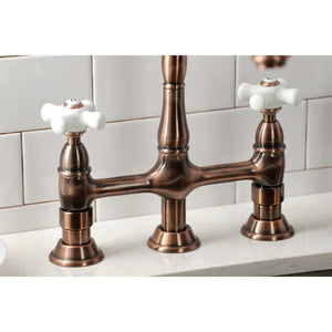 Heritage KS127PXBSAC Two-Handle 4-Hole Deck Mount Bridge Kitchen Faucet with Brass Sprayer, Antique Copper