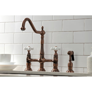 Heritage KS127PXBSAC Two-Handle 4-Hole Deck Mount Bridge Kitchen Faucet with Brass Sprayer, Antique Copper