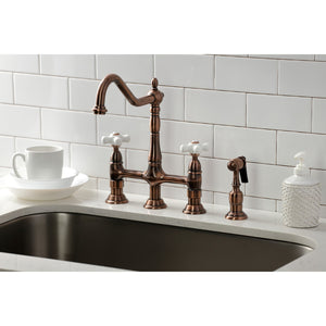 Heritage KS127PXBSAC Two-Handle 4-Hole Deck Mount Bridge Kitchen Faucet with Brass Sprayer, Antique Copper
