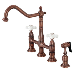 Heritage KS127PXBSAC Two-Handle 4-Hole Deck Mount Bridge Kitchen Faucet with Brass Sprayer, Antique Copper