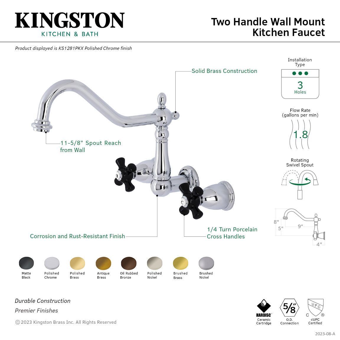 Duchess KS1287PKX Two-Handle Wall Mount Kitchen Faucet, Brushed Brass