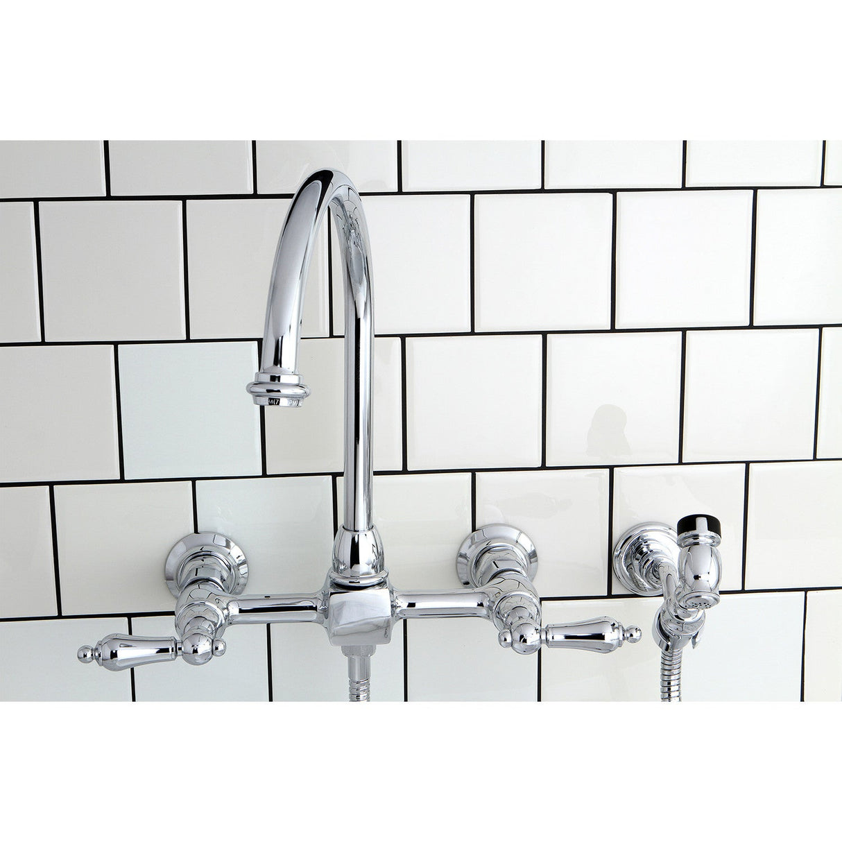 Restoration KS1291ALBS Two-Handle 2-Hole Wall Mount Bridge Kitchen Faucet with Brass Sprayer, Polished Chrome