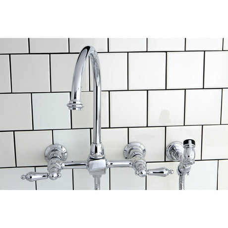 Restoration KS1291ALBS Two-Handle 2-Hole Wall Mount Bridge Kitchen Faucet with Brass Sprayer, Polished Chrome