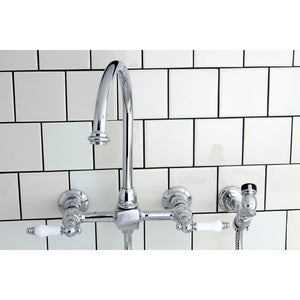 Restoration KS1291PLBS Two-Handle 2-Hole Wall Mount Bridge Kitchen Faucet with Brass Sprayer, Polished Chrome
