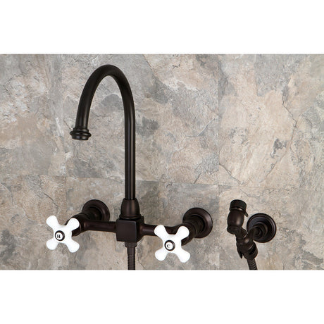 Restoration KS1295PXBS Two-Handle 2-Hole Wall Mount Bridge Kitchen Faucet with Brass Sprayer, Oil Rubbed Bronze