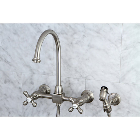 Restoration KS1298AXBS Two-Handle 2-Hole Wall Mount Bridge Kitchen Faucet with Brass Sprayer, Brushed Nickel