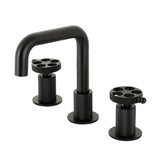 Webb KS1410RKX Two-Handle 3-Hole Deck Mount Widespread Bathroom Faucet with Knurled Handle and Push Pop-Up Drain, Matte Black