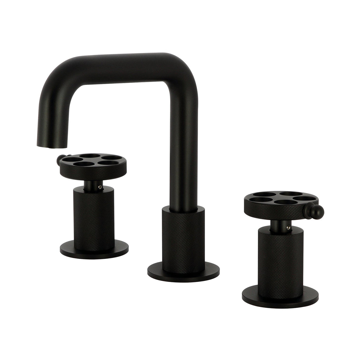 Wendell KS1410RKZ Two-Handle 3-Hole Deck Mount Widespread Bathroom Faucet with Knurled Handle and Push Pop-Up Drain, Matte Black