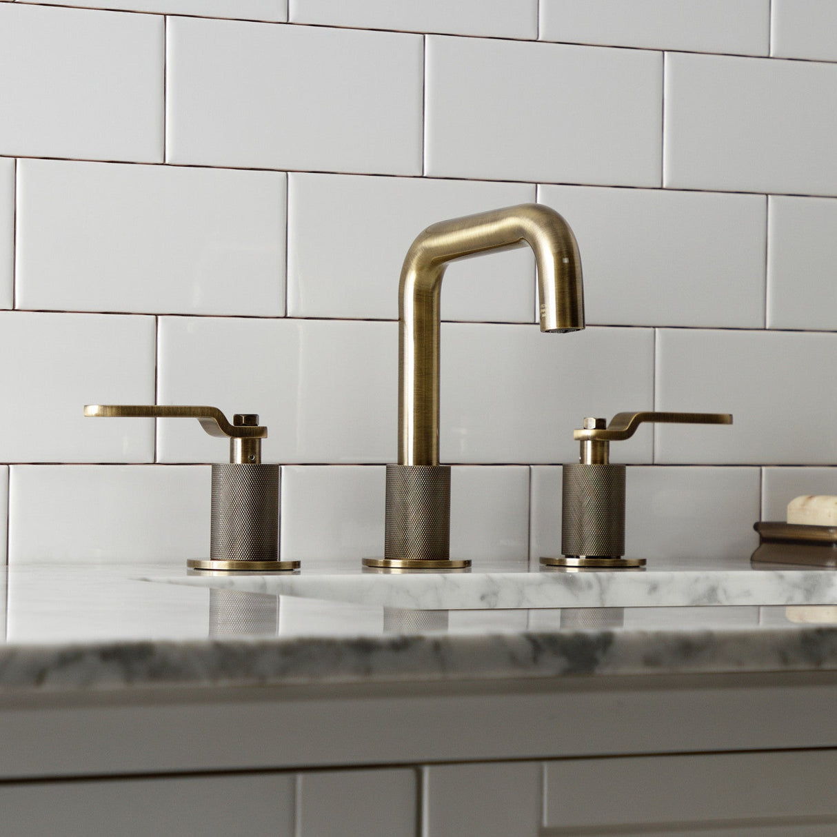 Whitaker KS1413KL Two-Handle 3-Hole Deck Mount Widespread Bathroom Faucet with Push Pop-Up, Antique Brass