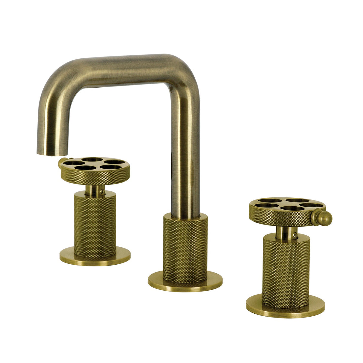 Wendell KS1413RKZ Two-Handle 3-Hole Deck Mount Widespread Bathroom Faucet with Knurled Handle and Push Pop-Up Drain, Antique Brass