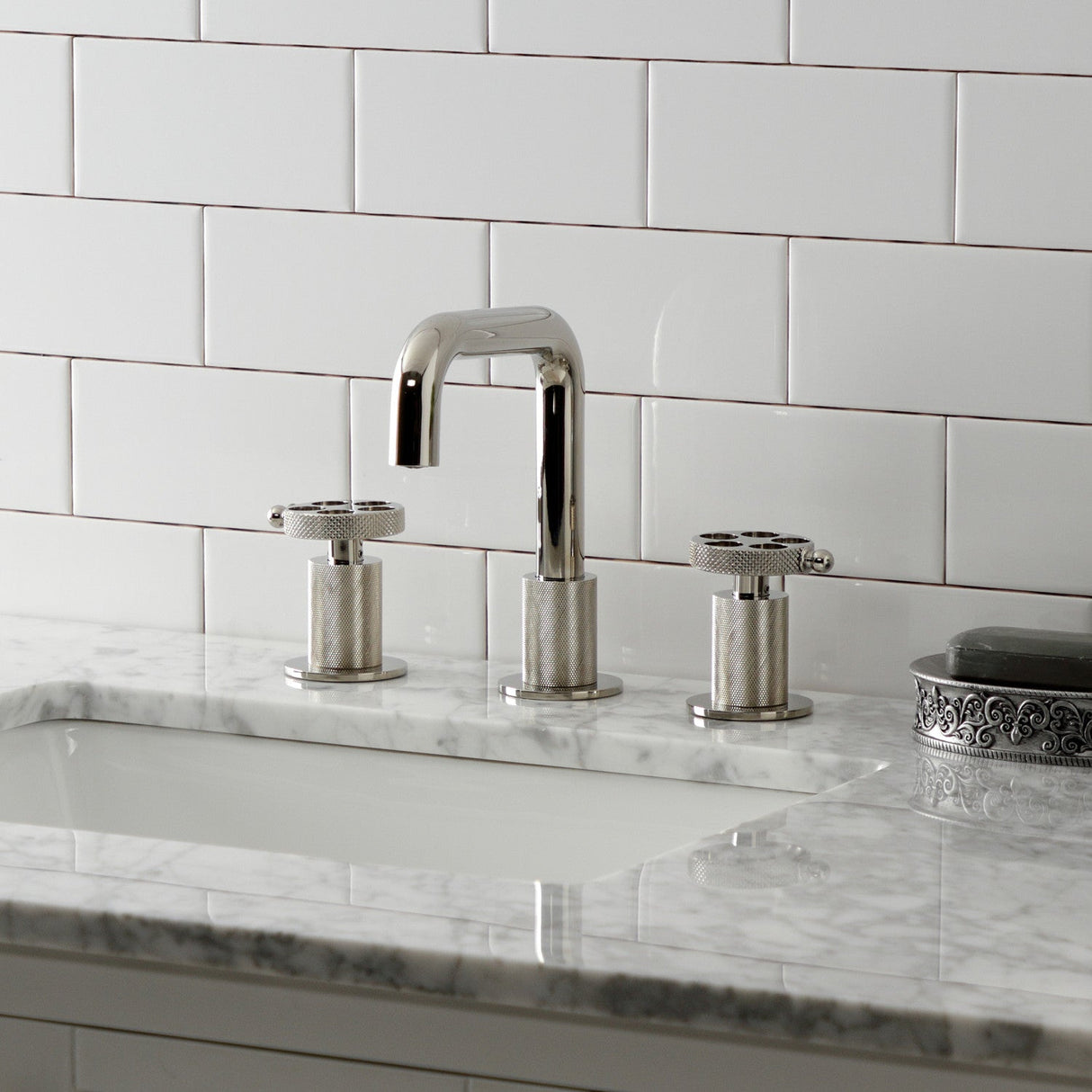 Webb KS1416RKX Two-Handle 3-Hole Deck Mount Widespread Bathroom Faucet with Knurled Handle and Push Pop-Up Drain, Polished Nickel