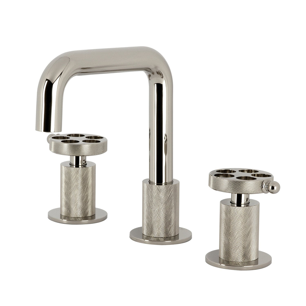 Wendell KS1416RKZ Two-Handle 3-Hole Deck Mount Widespread Bathroom Faucet with Knurled Handle and Push Pop-Up Drain, Polished Nickel