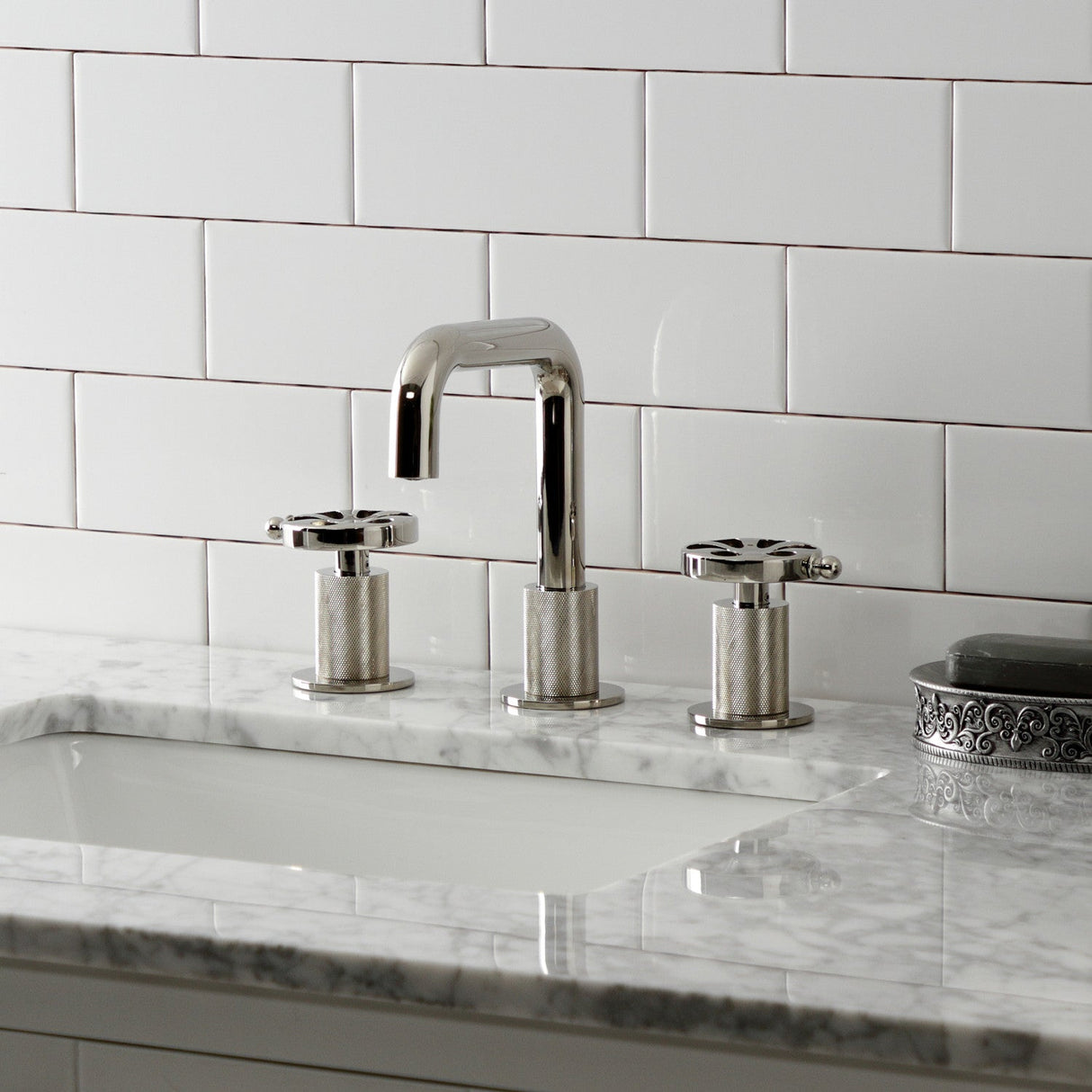 Belknap KS1416RX Two-Handle 3-Hole Deck Mount Widespread Bathroom Faucet with Push Pop-Up, Polished Nickel