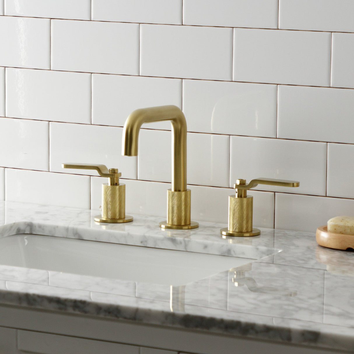 Whitaker KS1417KL Two-Handle 3-Hole Deck Mount Widespread Bathroom Faucet with Push Pop-Up, Brushed Brass
