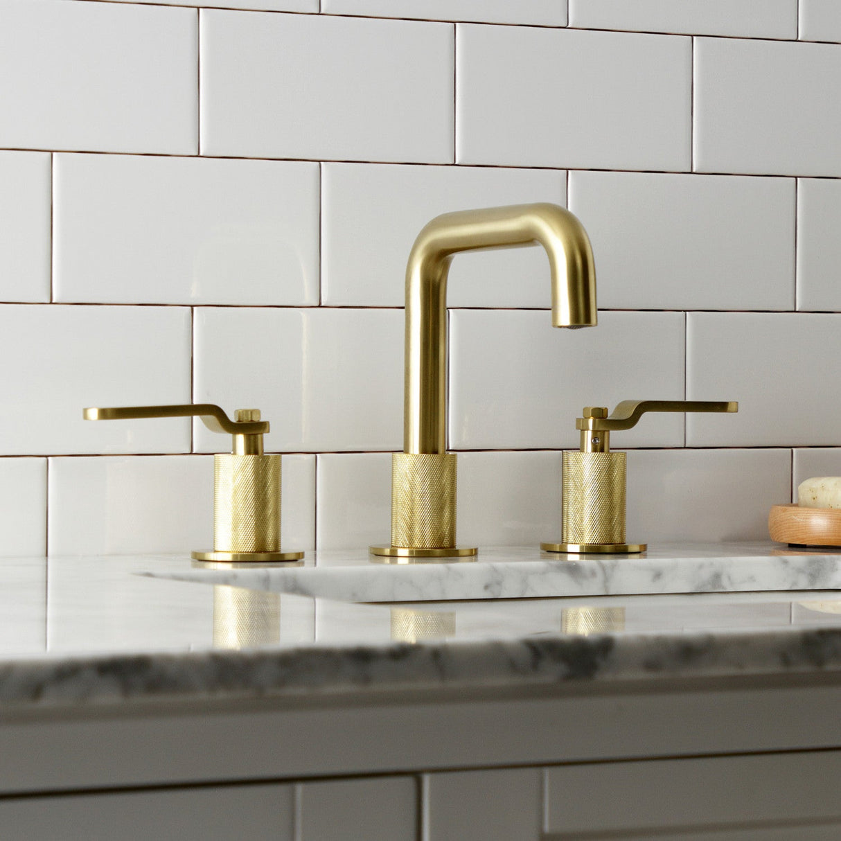 Whitaker KS1417KL Two-Handle 3-Hole Deck Mount Widespread Bathroom Faucet with Push Pop-Up, Brushed Brass