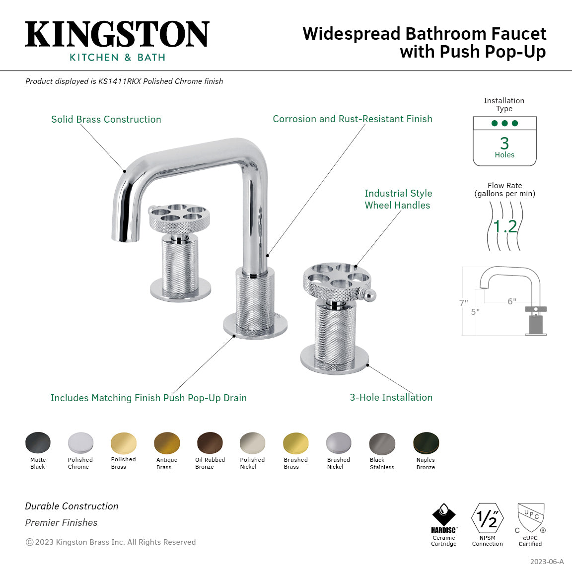 Webb KS1417RKX Two-Handle 3-Hole Deck Mount Widespread Bathroom Faucet with Knurled Handle and Push Pop-Up Drain, Brushed Brass