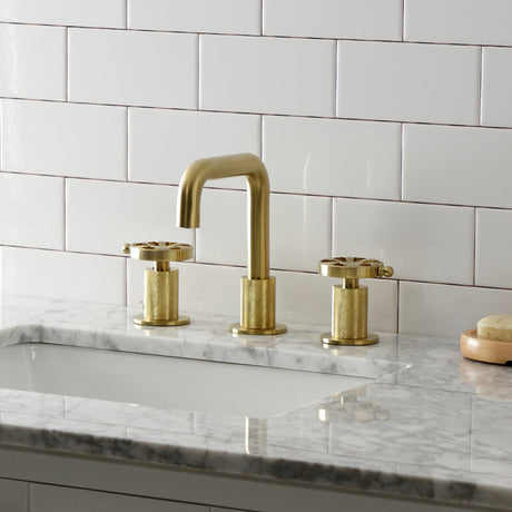 Belknap KS1417RX Two-Handle 3-Hole Deck Mount Widespread Bathroom Faucet with Push Pop-Up, Brushed Brass