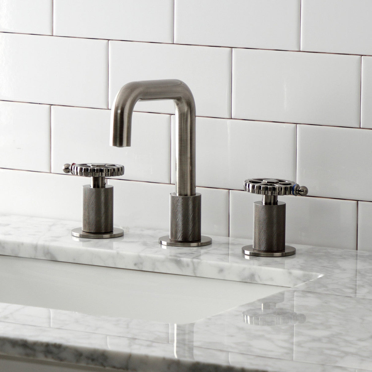 Fuller KS141BSSCG Two-Handle 3-Hole Deck Mount Widespread Bathroom Faucet with Push Pop-Up, Black Stainless