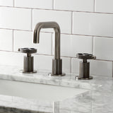 Webb KS141BSSRKX Two-Handle 3-Hole Deck Mount Widespread Bathroom Faucet with Knurled Handle and Push Pop-Up Drain, Black Stainless